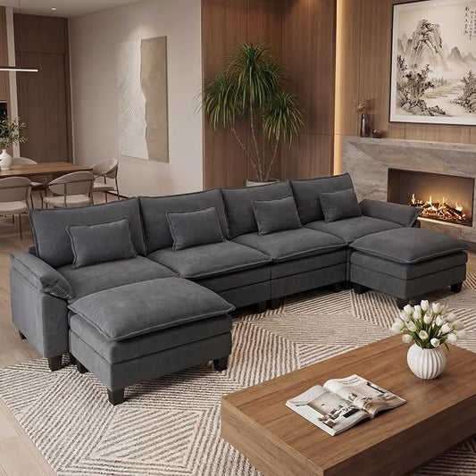 URRED Oversized Modular Sectional Sofa, 157" U Shaped Modern Comfy Cloud Couch with Movable Ottoman & Pillows, Deep Seat Couches for Living Room, Bedroom or Apartment (Velvet Grey, 157" U Shaped)