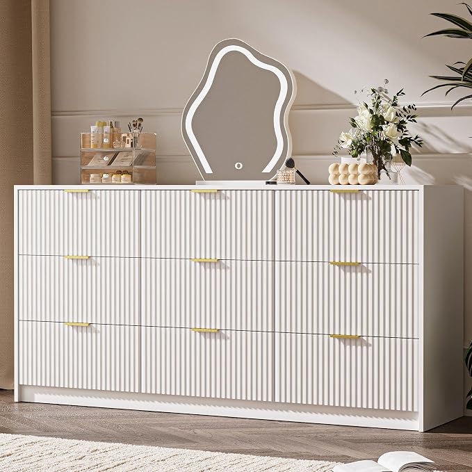MAISONARIA 3-Piece Dresser Bedroom Set, 9 Drawer Dresser & 3 Drawer Nightstands with Gold Handles, Fluted Wood Chest of Drawers for Bedroom, Living Room, Entryway, White