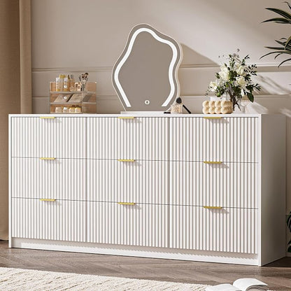 MAISONARIA 3-Piece Dresser Bedroom Set, 9 Drawer Dresser & 3 Drawer Nightstands with Gold Handles, Fluted Wood Chest of Drawers for Bedroom, Living Room, Entryway, White