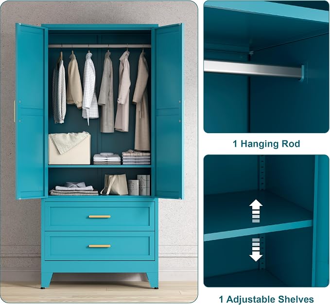 Washsemba 71'' Farmhouse Metal Wardrobe Cabinet with Hanging Rod, 2 Barn Door Wardrobe Closet with Adjustable Shelves,2 Drawer,for Dining Room,Bedroom,Living Room, Cloak Room,Office (Peacock Blue)
