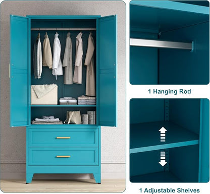 Washsemba 71'' Farmhouse Metal Wardrobe Cabinet with Hanging Rod, 2 Barn Door Wardrobe Closet with Adjustable Shelves,2 Drawer,for Dining Room,Bedroom,Living Room, Cloak Room,Office (Peacock Blue)