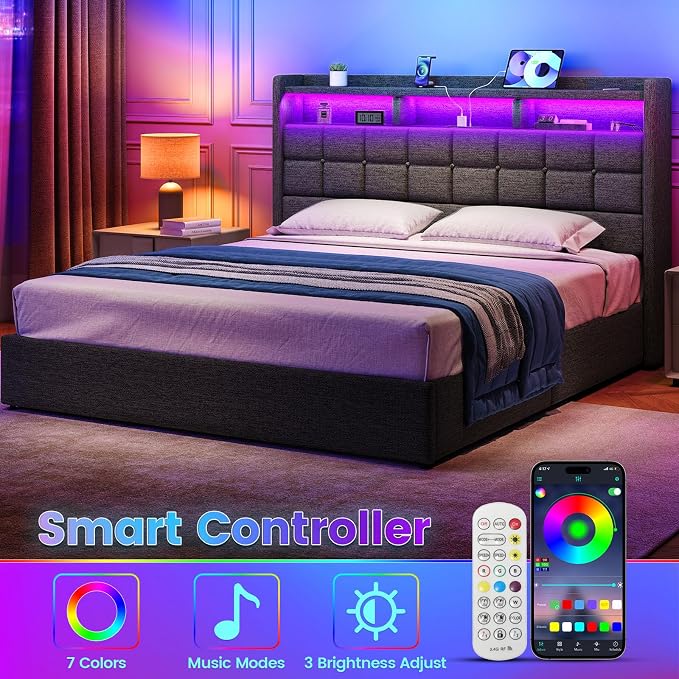 Driftalia Lift Up King Size Bed Frame with Storage, Upholstered King Bed Frame with Charging Station and LED Lights Headboard, No Box Spring Needed, Easy Assembly - Dark Grey