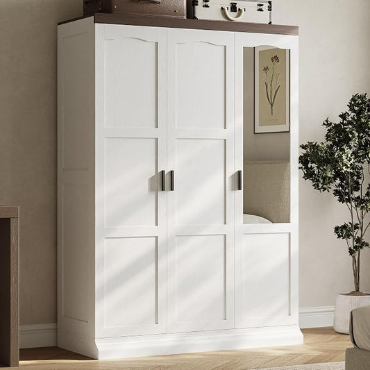 ANCTOR 3 Door Armoire Wardrobe Closet with Mirror, Large Wardrobe Closet with Doors, White Armoire for Bedroom with Hanging Rods & Shelves for Long Clothing, Short Clothing and Stacking, Modern