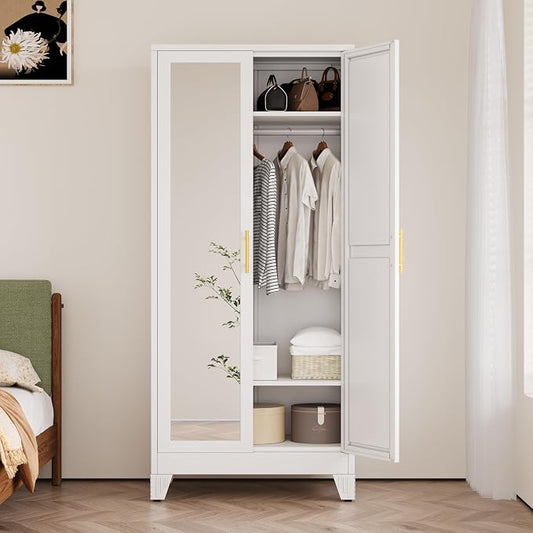 Ckzbx 71" H Metal Armoire Wardrobe Closet with Mirror, Adjustable Shelve, Clothes Drying Pole, Steel Wardrobe Cabinet for Bedroom (White)