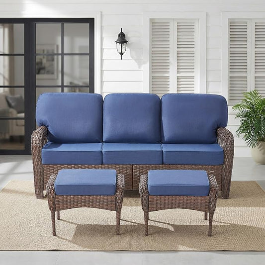 Belord Luxury Outdoor High Back Couch with Ottoman, All-Weather Wicker 3-Seater Sofa, 3 Piece Patio Conversation Furniture Set,Blue