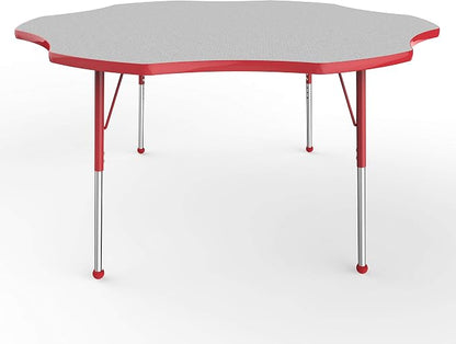 FDP Flower Activity School and Office Table (60 inch), Standard Legs with Ball Glides for Collaborative Seating Environments, Adjustable Height 19-30 inches - Gray Top and Red Edge