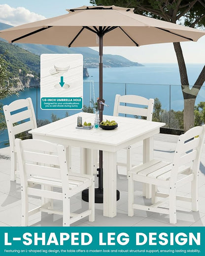 SERWALL Outdoor Dining Set for 4, HDPE Square Table and Chairs Set All Weather Patio Dining Set with 4 Armless Chairs for Patio, White