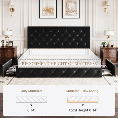 SHA CERLIN King Size Platform Bed Frame with 4 Oversized Storage Drawers, Adjustable Headboard with Velvet Upholstery, Diamond Button Tufted Design, Wooden Slat Support, No Box Spring Needed, Black