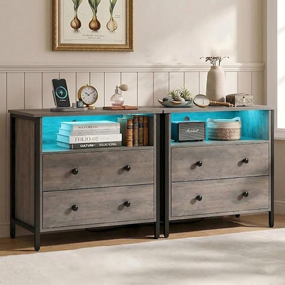 27" LED Nightstand Set 2 with Charging Station, 2 Drawers, Gray | Solid Wood and Steel Frame, 2 AC Outlets, 2 USB Ports, RGB App Control, Open Storage, Adjustable Feet, for Bedroom or Office