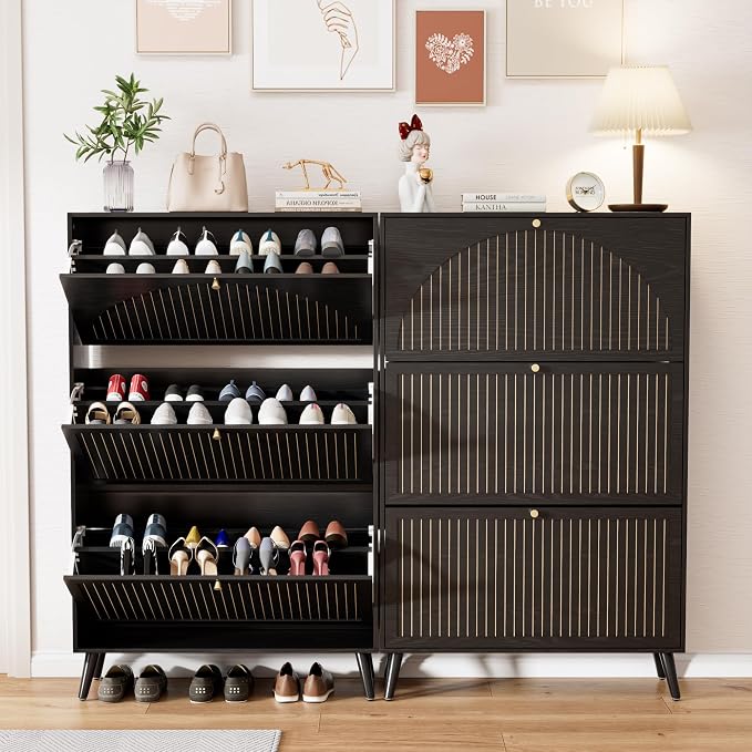 Fsbecl Shoe Storage Cabinet for Entryway with 3 Flip Drawers, Narrow Shoe Organizer with Fluted Panel, Freestanding Wood Hidden Shoe Cabinet for Hallway(Black, 31.4''W, Double Layer)