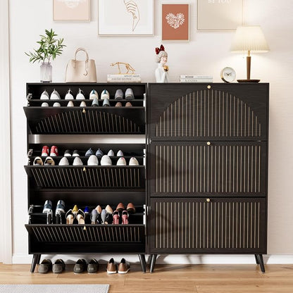Fsbecl Shoe Storage Cabinet for Entryway with 3 Flip Drawers, Narrow Shoe Organizer with Fluted Panel, Freestanding Wood Hidden Shoe Cabinet for Hallway(Black, 31.4''W, Double Layer)