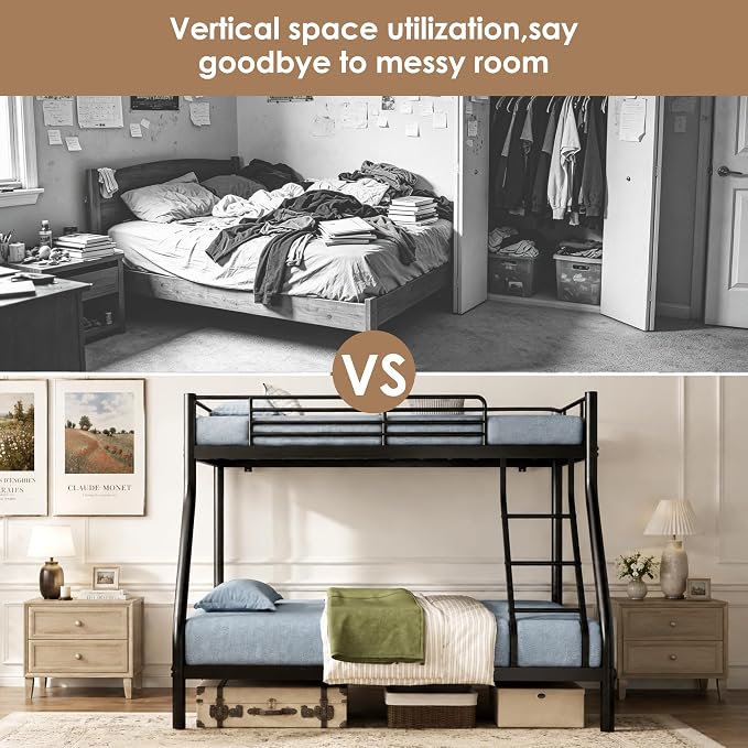 SogeSleep Bunk Beds Twin Over Full Size, More Sturdy Heavy Duty Metal Bunk Bed with Angled Ladder for Teens and Adults, Used for Spaces-Saving, Apartment or Dorm, Noise Free & Easy Assembly, Black
