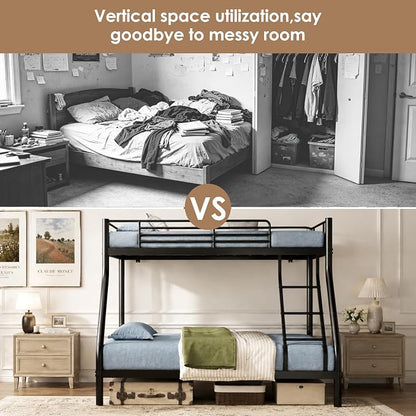 SogeSleep Bunk Beds Twin Over Full Size, More Sturdy Heavy Duty Metal Bunk Bed with Angled Ladder for Teens and Adults, Used for Spaces-Saving, Apartment or Dorm, Noise Free & Easy Assembly, Black