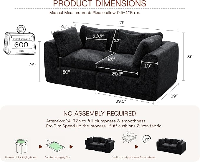 GRUSIGN 79'' Oversized Boneless Cloud Loveseat for Living Room, Modern Big Sectional Compressed 2 Seater Couch with 2 Throw Pillows, Comfy Chenille Deep Seat Foam Spineless 2 Person Couch, Black