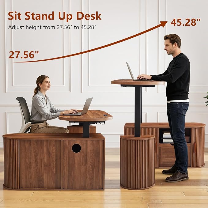 55" L Shaped Standing Desk with Storage, Oval Electric Desk Height Adjustable Executive Desk with File Drawer, Fluted Wood Desk Office Sit Stand up Desk for Work, Study, Writing, Walnut