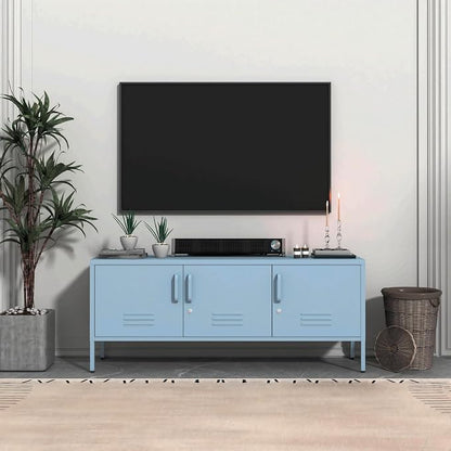 3 Door TV Standwith Storage Locke Metal TV Cabinet with 2-Tier Multi-Purpose Lockable Wide Storage Cabinet, Media Console Table with Metal Legs for Living Room, Bedroom,Office,Blue