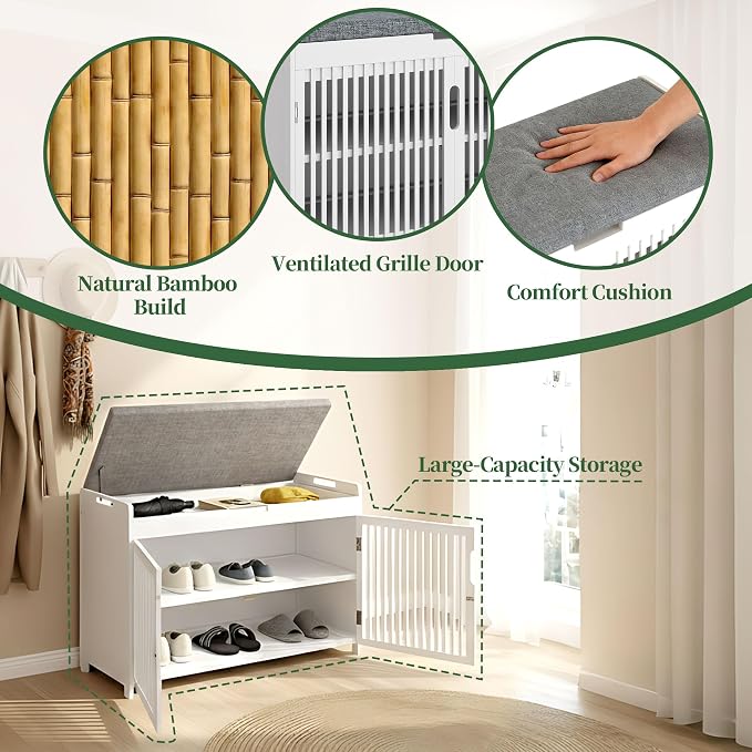 APRTAT Bamboo Shoe Storage Bench with Padded Cushion, 3-Tier Shoe Rack Organizer with 2 Ventilated Grille Doors for Entryway, Bedroom, Bathroom (White, Large)