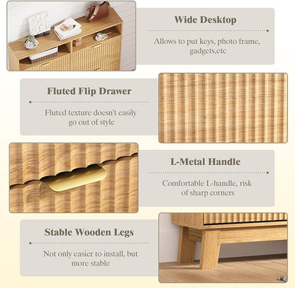 HUANLEGO Shoe Cabinet Storage for Entryway with 4 Flip Drawers, Fluted Narrow Shoe Organizer with Wooden Legs & Top Cubby, Freestanding Slim Shoe Storage Hidden Shoe Rack for Front Door Entrance, Oak