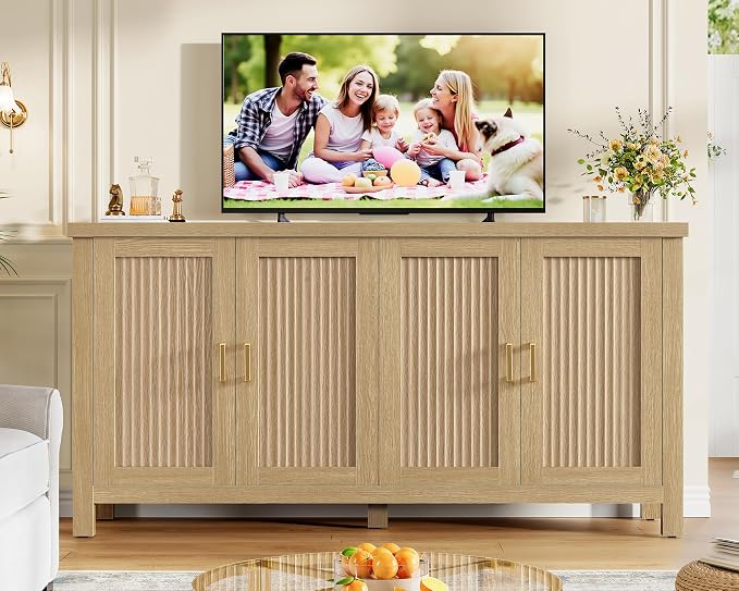 55" Buffet Cabinet with Storage, Large Sideboard Buffet Cabinet with 4 Adjustable Shelves, Modern Fluted Coffee Bar for Kitchen, Living Room, Natural