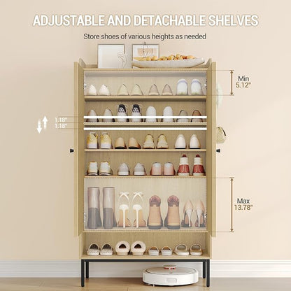Hzuaneri Shoe Cabinet with Doors, 7-Tier Shoe Storage Cabinet with Adjustable Shelves, Wooden Shoes Organizer Cabinets with Top Storage Layer, 28-32 Pairs, for Entryway, Hallway, Rattan SR68702Y