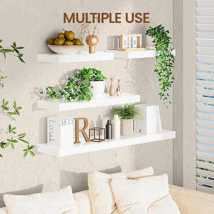 Heimlove Wooden Floating Shelves for Wall, White Pine Shelves Set of 2, 36 in Rustic Wood 8 Inch Deep Floating Shelf with Invisible Brackets for Bedroom Kitchen Living Room - Classic White