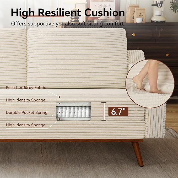 Vipbear 65.4" Loveseat Sofa,Mid-Century Modern Small Couches for Living Room, Bedroom, Office,Comfy Beige Corduroy Couch with Spring Cushion, Solid Wood Frame, Tool-Free Assembly