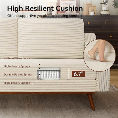 Vipbear 65.4" Loveseat Sofa,Mid-Century Modern Small Couches for Living Room, Bedroom, Office,Comfy Beige Corduroy Couch with Spring Cushion, Solid Wood Frame, Tool-Free Assembly