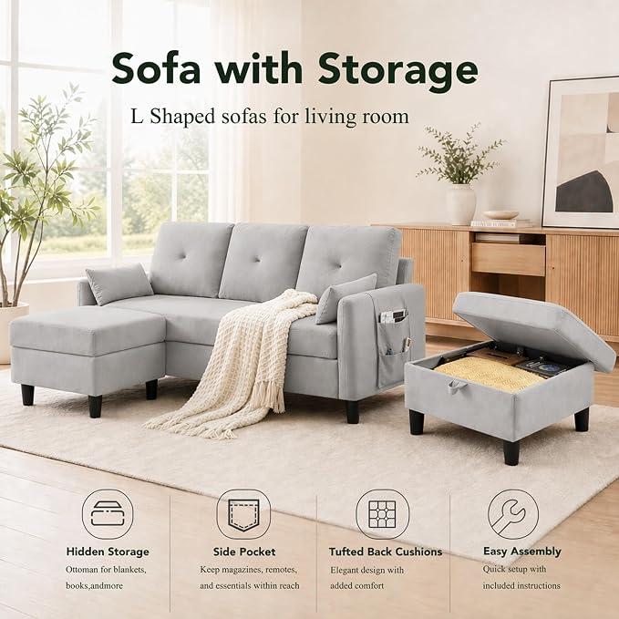 Convertible Sectional Sofa, 77" Small L Shaped 3 Seat Couch with Reversible Storage Chaise, Modern Polyester Fabric Sofa Couches for Living Room, Apartment and Small Space
