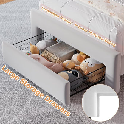 Jocoevol Twin Upholstered LED Bed Frame with Storage Drawer and Adjustable Chic Double Wavy Headboard, Velvet Princess Platform Bed for Girls/Kids, Solid Wood Slats Support, No Box Spring Needed, Grey