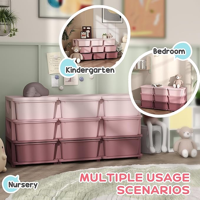 Qaba 3 Tier Kids Storage Unit, Toy Organizers and Storage with 9 Drawer Chest for Kids Bedroom Nursery Kindergarten Living Room for Boys Girls Toddlers, Pink