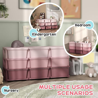 Qaba 3 Tier Kids Storage Unit, Toy Organizers and Storage with 9 Drawer Chest for Kids Bedroom Nursery Kindergarten Living Room for Boys Girls Toddlers, Pink