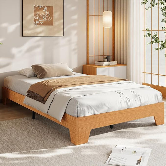IDEALHOUSE Twin XL Size Platform Bed Frame,Boho Wood Bed with Noise-Free Slats,No Box Spring Needed,Nature Bedroom Furniture,Sturdy Wooden Bed Foundation,Easy Assembly