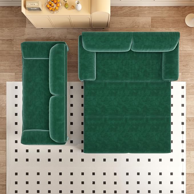 66" Sleeper Sofa Bed Queen Size, 3-in-1 Convertible Couch, Modern Pull Out Couches, Comfy Velvet Futon Sofa, Cloud Loveseat Lounge, Pillow Arm, for Small Spaces, Living Room, Apartment, Green