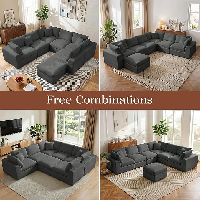 Benazcap Oversized Cloud Sectional Couches for Living Room, L-Shaped Convertible Sofa, 7-Seat Modular Boneless Couch with Movable Ottoman, Darkgrey