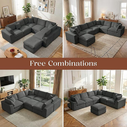 Benazcap Oversized Cloud Sectional Couches for Living Room, L-Shaped Convertible Sofa, 7-Seat Modular Boneless Couch with Movable Ottoman, Darkgrey