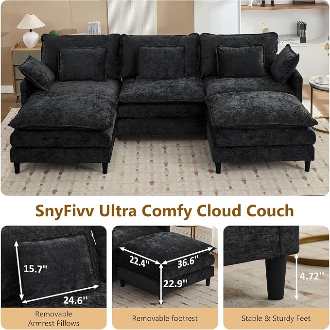 113" Chenille Modular Sectional Sofa, Convertible L Shaped Modular Sofa Comfy Cloud Couch with Ottoman, Side Pockets and 5 Throw Pillows for Living Room (Black, 113" - 5 Seats)