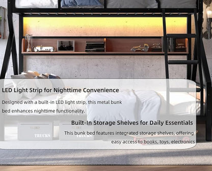 KEIKI Queen Over Queen Bunk Bed, Heavy Duty Metal Bunkbed with Storage Shelves, Lights, Bottom Space & Guardrail for Aldults Dorm Bedroom Guest Room, No Box Spring Needed, Noise-Free Design