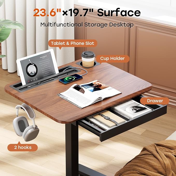 Small Mobile Standing Desk with Drawer, 23.6"x19.7" Rolling Laptop Cart on Wheels, Height Adjustable Sit Stand Computer Workstation with Storage for Compact Space, Dark Wood