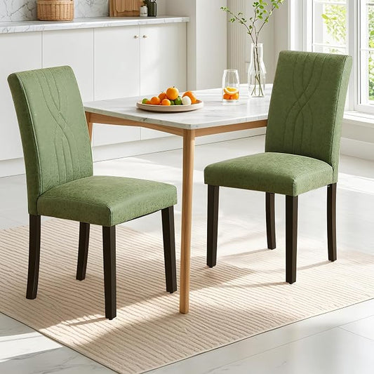 VECELO Upholstered Dining Chairs Set of 2, Modern PU Leather High Back Chairs with Solid Wood Legs and Adjustable Foot Pads for Kitchen and Living Room, Green