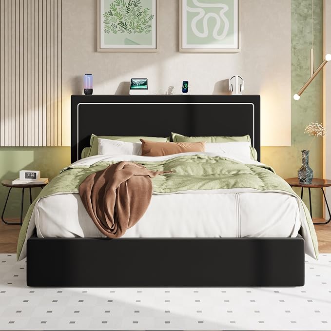 Allewie Full Size Lift Up Storage Bed Frame with Charging Station & LED Lights, Adjustable Velvet Upholstered Storage Headboard, Type-C & USB Ports, Hydraulic Support, No Box Spring Needed, Black