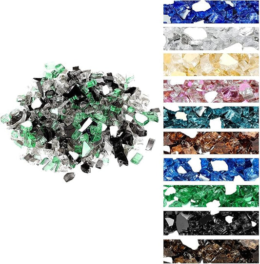 Onlyfire 10 lbs Fire Glass Rocks 1/4 Inch, Reflective Tempered Glass for Propane Fire Pit & Gas Fireplace, High Luster Firepit Glass Stones for Fire Table, Onyx Black+Platinum+ Light Green