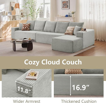 166.9" Cloud Sectional Couch with L-Shape Chaise, Upholstered Corduroy Couches Sleeper with Deep Seat, Modern Modular Comfy Sofa Chaise Longue for Living Room Bedroom, No Assembly Required, Grey