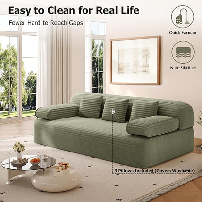 78.7" Queen Sofa Bed, Corduroy Boneless Couch in a Box, No Assembly | 30.7" extra-deep seat converts to a 78.7" x 60" queen sleeper with 3 pillows, no assembly, ideal for small spaces, Green