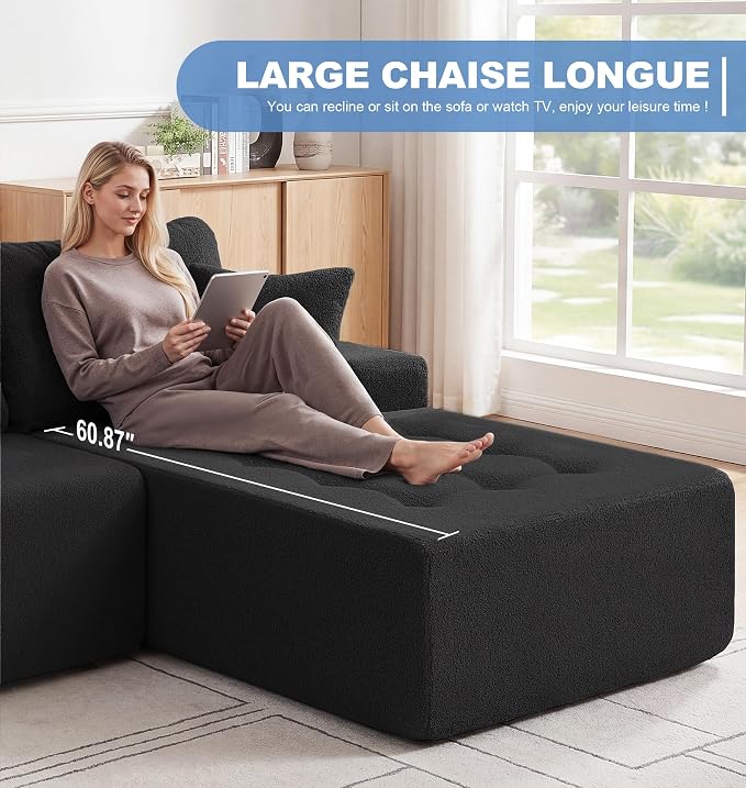 Hobestluk Modular Sectional Sofa Couches L-Shape Couch 3 Seat Modular Sofa Memory Foam Sectional Couches for Living Room, Cloud Couch with Oversized Chaise (Black Tufted, 108", Right Hand Facing)
