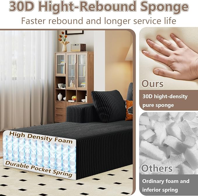 95" Cloud Sectional Couch with L-Shape Chaise, Modular Comfy Sofa Chaise Longue, Upholstered Corduroy Couches Sleeper with Deep Seat for Living Room Bedroom, No Assembly Required(Black, Left Facing)