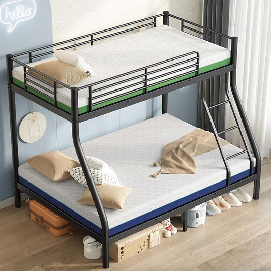 SDHYL Twin Over Full Bunk Bed with Two Mattresses, Heavy Duty Metal Bunk Bed for Adults, Includes 6 Inch Memory Foam Mattresses, Guardrail & Ladder, Space-Saving, Easy Assembly, Black