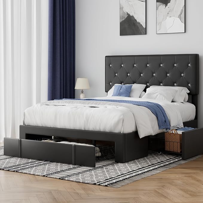 VECELO Queen Size Bed Frame with 3 Storage Drawers, Leather Upholstered with Diamond Tufted Headboard, Solid Wood Slat Support & Steel Framework, PU & Black