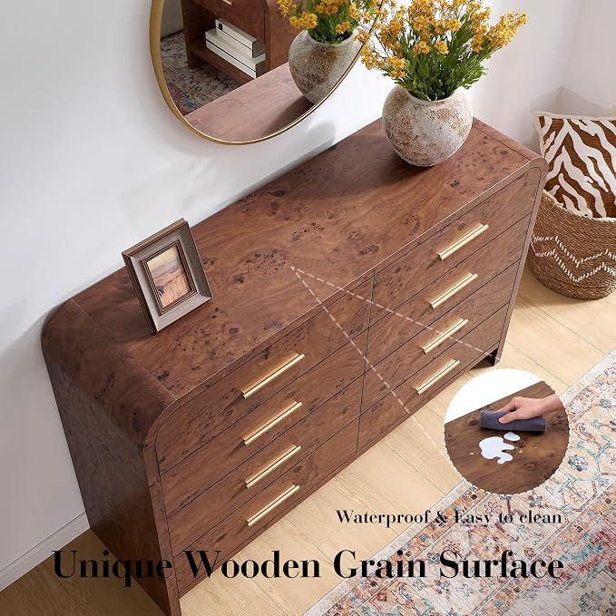 Curved 8 Drawer Dresser for Bedroom, 53.82'' Wide Chest of Drawers, Modern Storage Cabinet for Hallway & Living Room TV Stand, FSC Certified 1.18" Thick Board, 100 lbs Top Weight, Dark Burl
