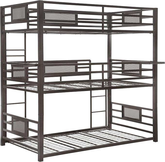 Coaster Home Furnishings Rogen Rustic Metal Twin Over Twin Over Twin Size Triple Bunk Bed Frame with Ladder and Guardrails Fully Slatted Mattress Ready Foundation Dark Bronze 460394T