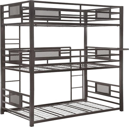 Coaster Home Furnishings Rogen Rustic Metal Twin Over Twin Over Twin Size Triple Bunk Bed Frame with Ladder and Guardrails Fully Slatted Mattress Ready Foundation Dark Bronze 460394T